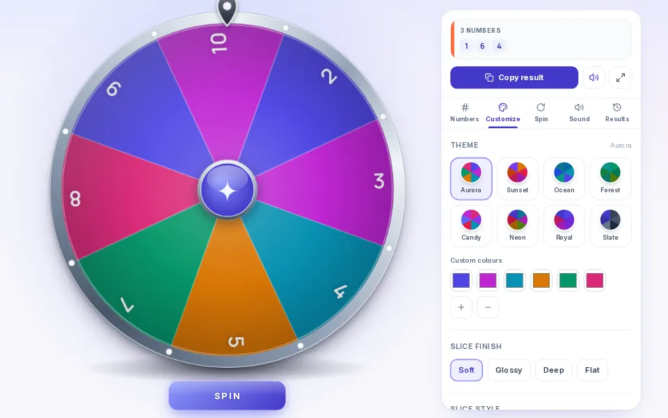 The Customize settings on ShuffleWheel, with themes, colors and slice finish