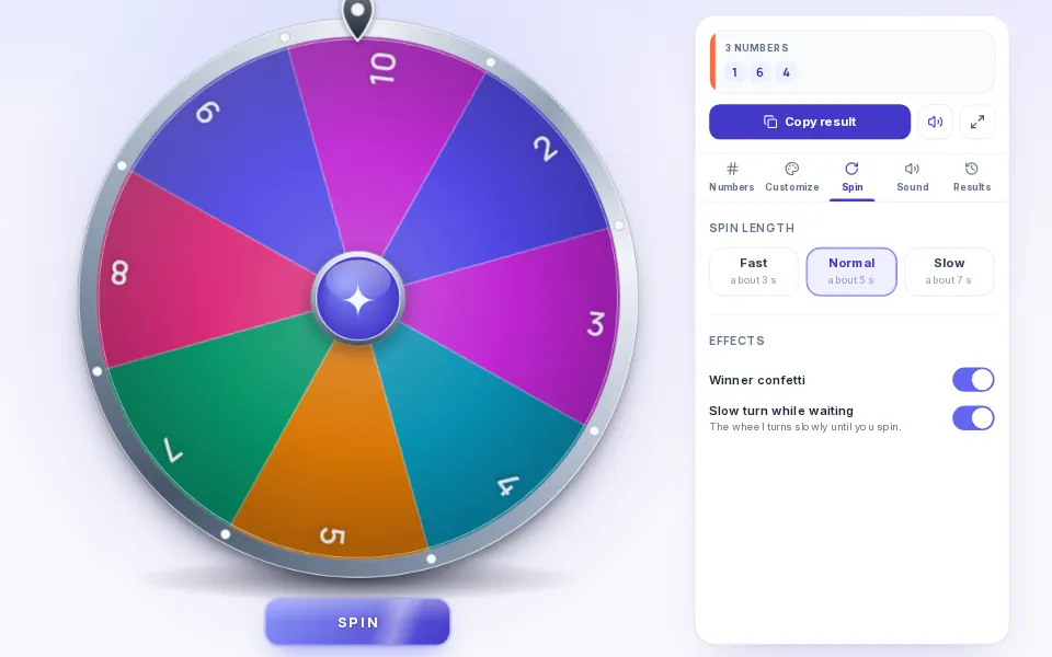 The Spin settings on ShuffleWheel, with Spin length and the confetti switch